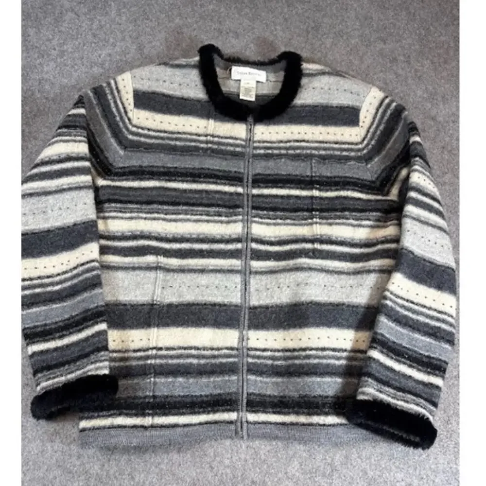 VTG Susan Bristol Hand Embroidered Wool Cardigan Womens M Striped Neutral Cozy - Picture 1 of 9